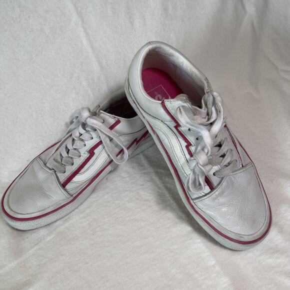 Vans Old Skool White Leather With Pink BOLTS - Size 7.5 Women’s - Picture 1 of 7